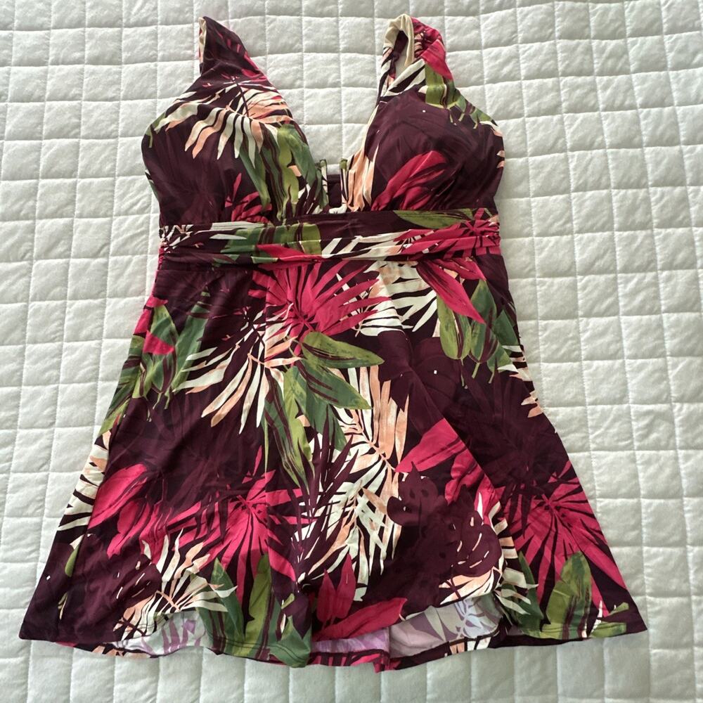 Land's End Swim Dress Womens 16 Burgundy Tropical One Piece Beach Summer Tags - Picture 2 of 9